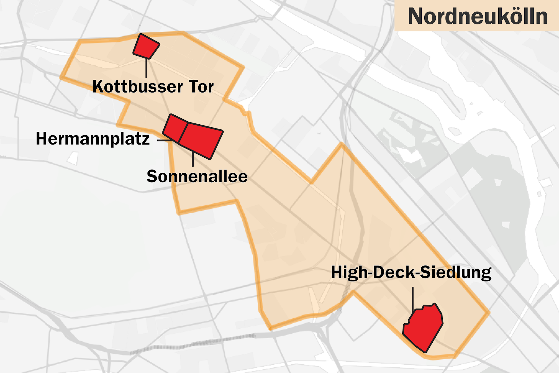 Das Gebiet stößt im Süden an die High-Deck-Siedlung, grenzt im Osten an die Kiefholzstraße, im Norden an die Skalitzer Straße und Wiener Straße und im Westen an die Hermann- und Karl-Marx-Straße.