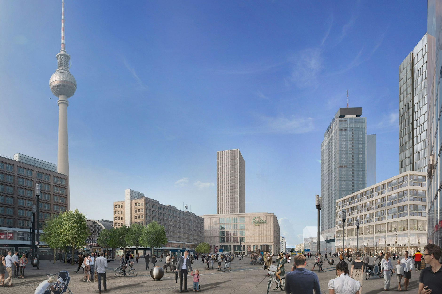 Zukunftsvision für den Alexanderplatz: Neben dem Galeria-Warenhaus und dem Hotel Park Inn sollen zwei Hochhäuser entstehen, ein dritter Turm ist neben dem Einkaufszentrum Alexa geplant.