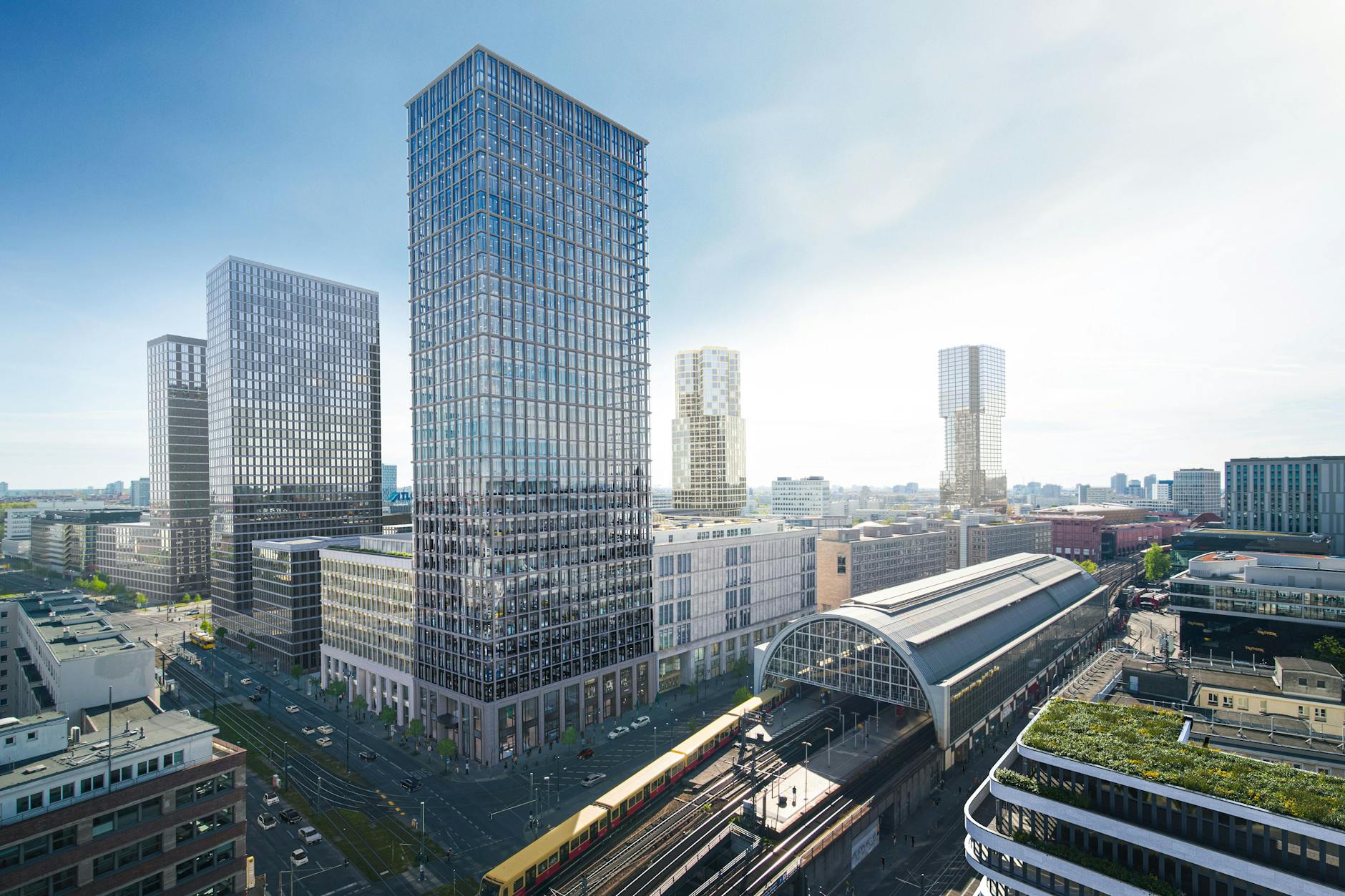 Blick auf die geplanten Hochhäuser am Alex: Vorne in der Mitte ist das Hochhaus Mynd von Kleihues und Kleihues zu sehen, rechts hinten der Alexander Tower.