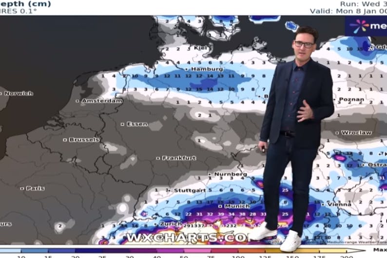 Die Schneehöhenkarte, die Wetter-Experte Dominik Jung präsentiert, zeigt, dass es vor allem im Norden und Süden richtig winterlich wird.