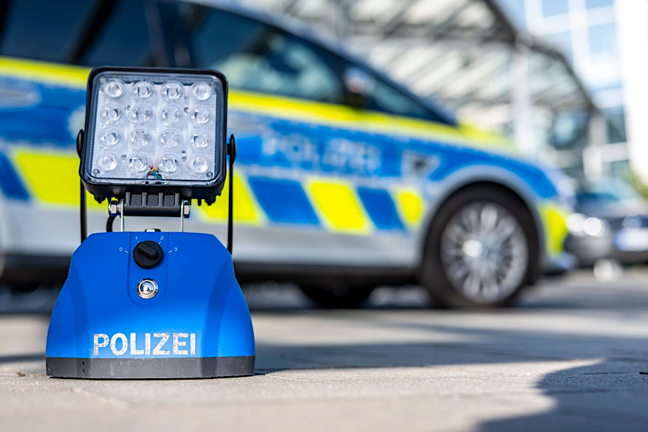 ILLUSTRATION - Eine Signalleuchte der Polizei ist vor einem Polizeiwagen aufgestellt.  
