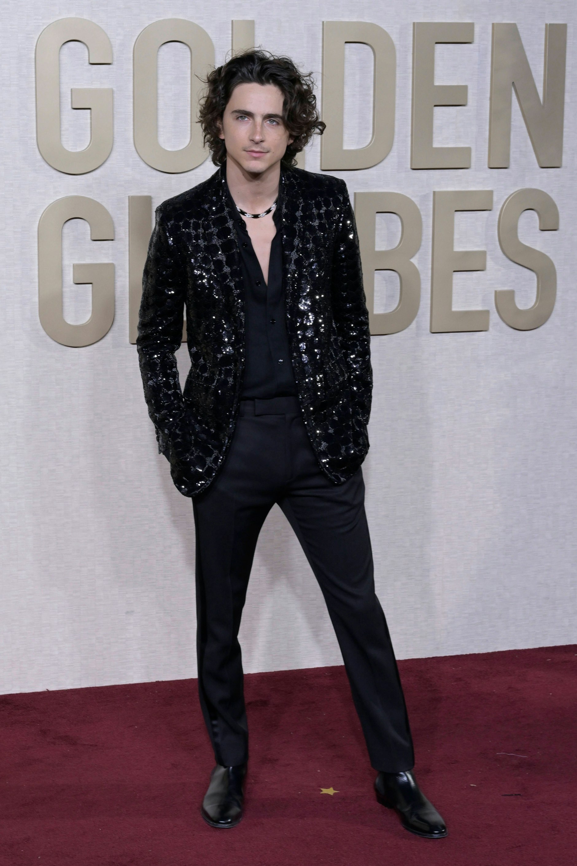 <strong>TOP:</strong> Keine Best-Dressed-Liste ohne <strong>Timothée Chalamet</strong>! Seit einigen Jahren beweist der Schauspieler, dass die feine Herrengarderobe eben nicht nur aus Smoking und Fliege besteht. Zu den Golden Globes trug er dieses Mal eine lässige Kombination aus schmaler Hose und offenem Hemd, darüber ein Paillettenjackett von Celine Homme. Vorbildhaft!