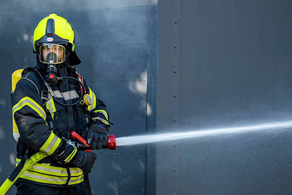 PRODUKTION - Ein Mitglied der Feuerwehr beim Löscheinsatz.  