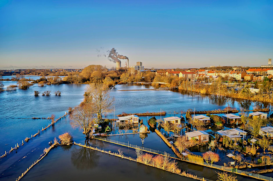 Hochwasser und Überschwemmung der Leine im Stadteil Stöcken von Hannover.