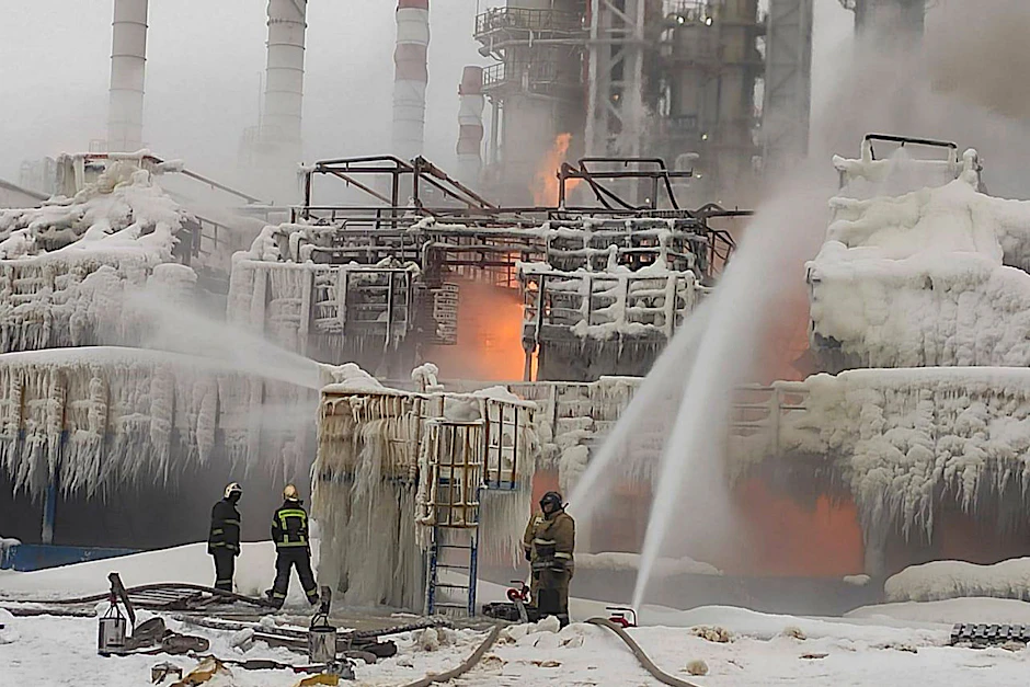 HANDOUT - Das auf einem russischen Telegramm-Kanal veröffentlichte Foto soll Feuerwehrleute zeigen, die einen Brand auf dem Gelände des Erdgasproduzenten Novatek im Ostseehafen Ust-Luga löschen.  ead of the Kingisepp district administration Yuri Zapalatskiy/AP/dpa
