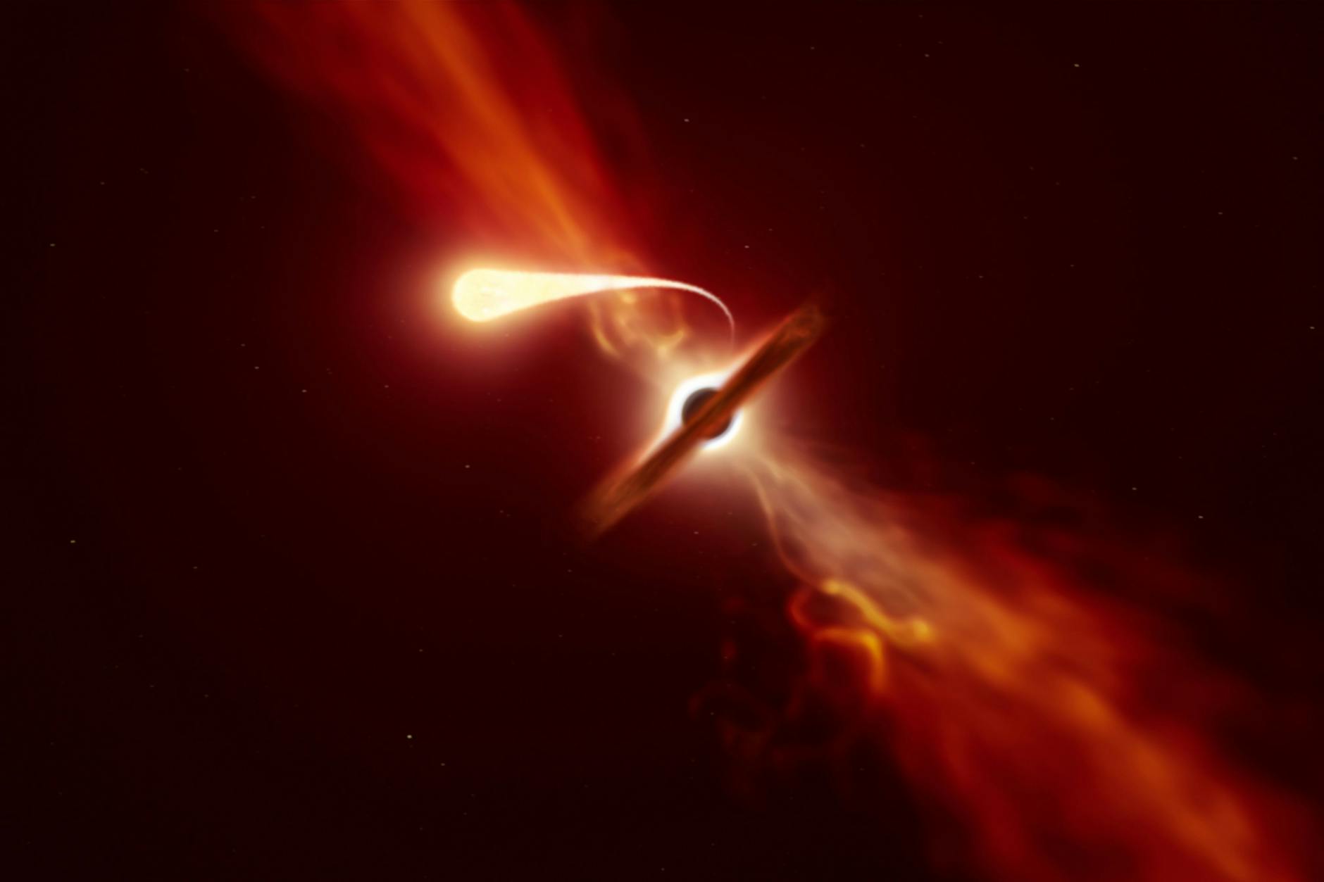 Die Grafik zeigt einen Stern, der von einem supermassiven Schwarzen Loch angesaugt wird.