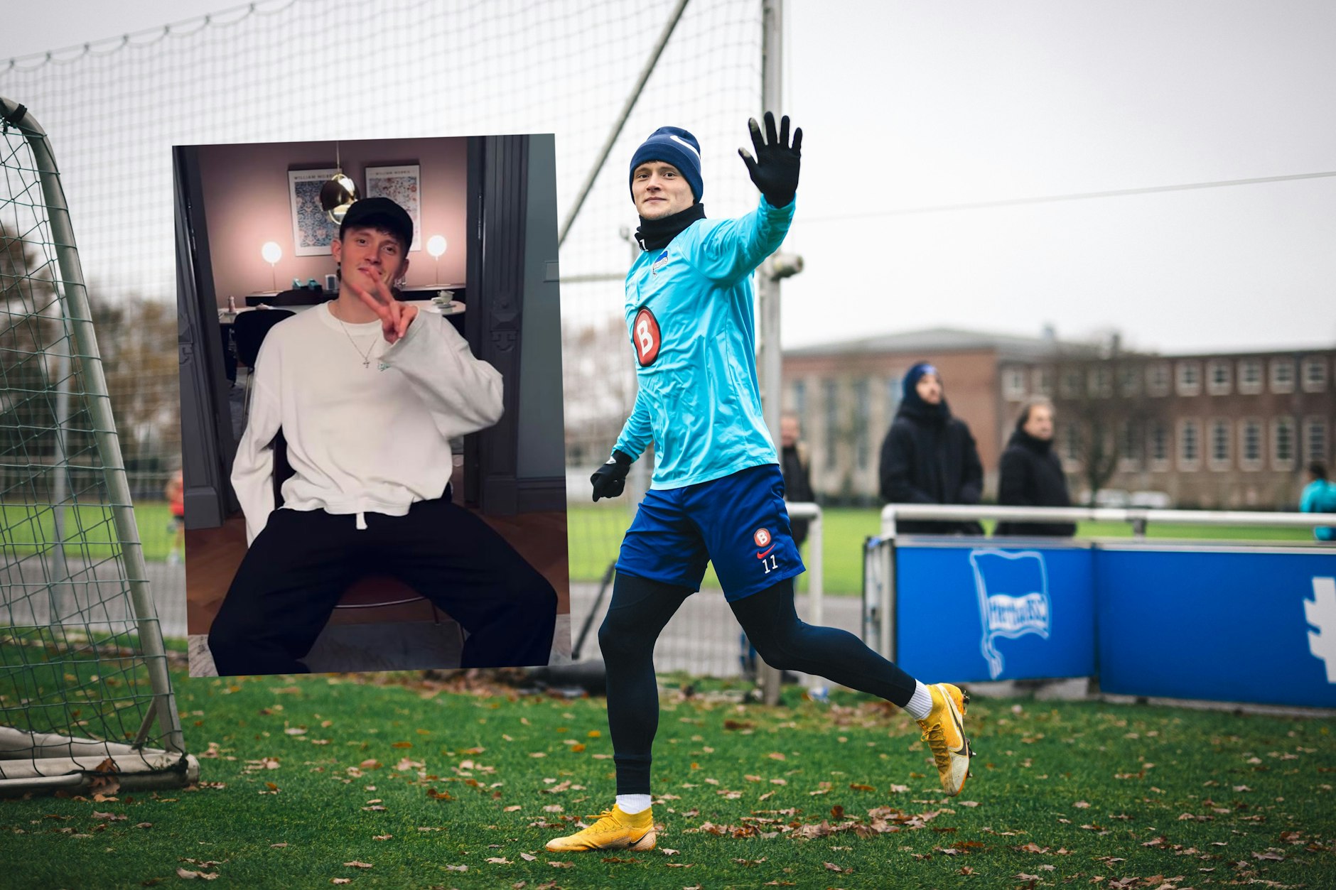 Hertha-Star Fabian Reese (26) grüßt noch aus seinem Wohnzimmer, will aber schon bald wieder mit dem Team auf dem Platz stehen.