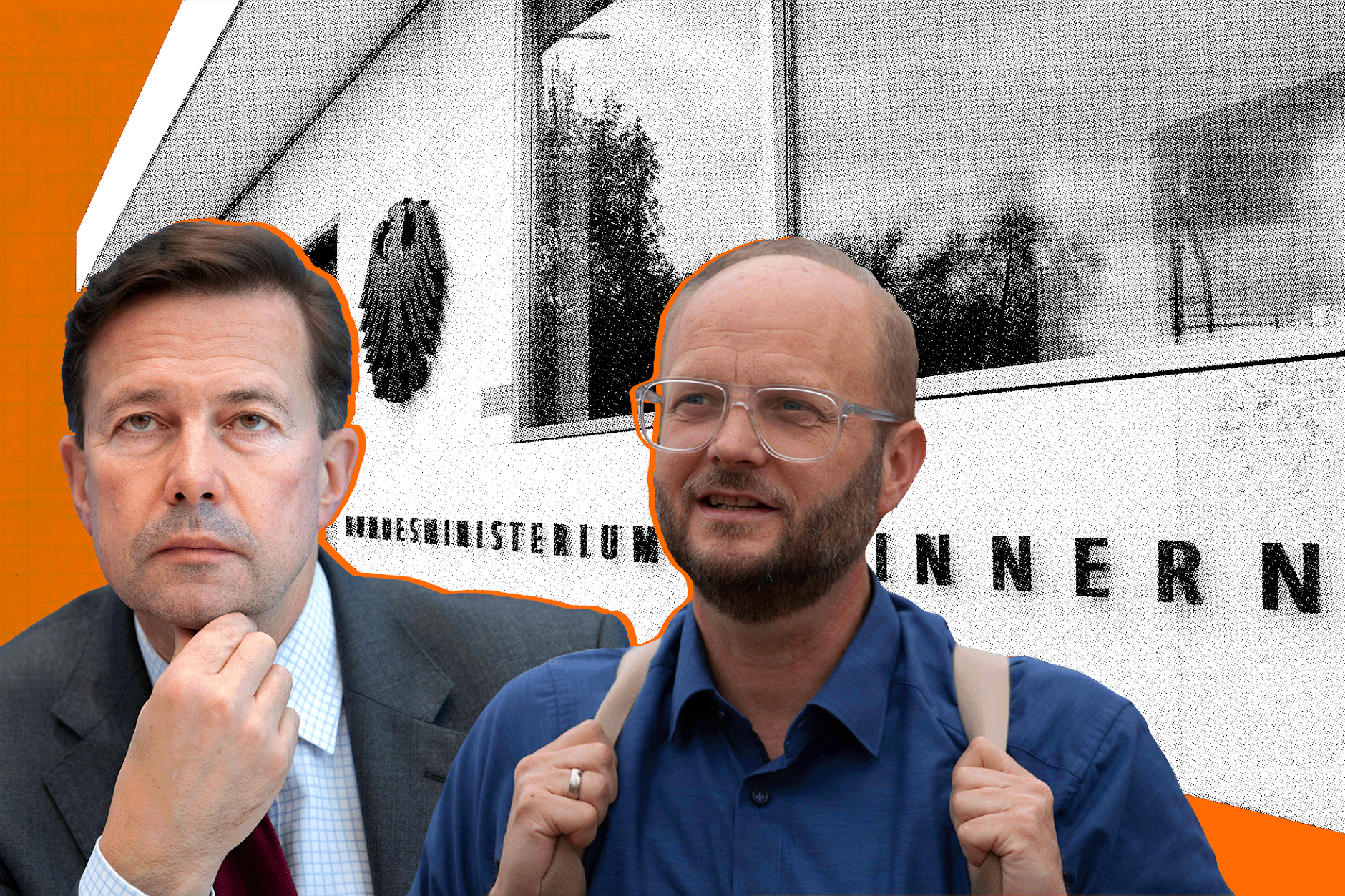Ex-Regierungssprecher Steffen Seibert (l.) und Correctiv-Gründer David Schraven:&nbsp;„Es war einfach ein Gespräch“, sagt Schraven über das Treffen&nbsp;im Bundesinnenministerium.