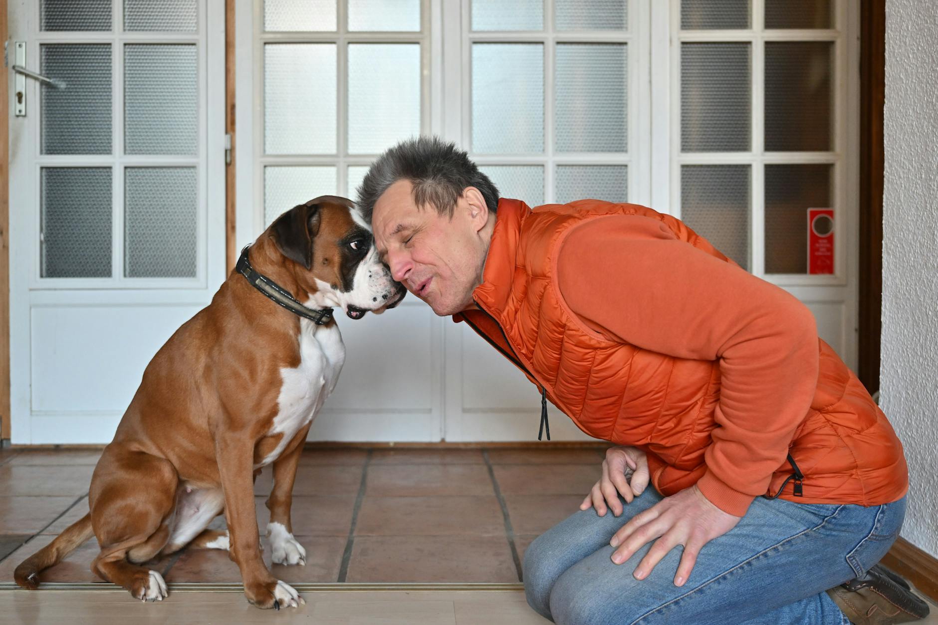 Leonid Beljakov, Tiertrainer, mit seiner Boxerhündin Mathilda