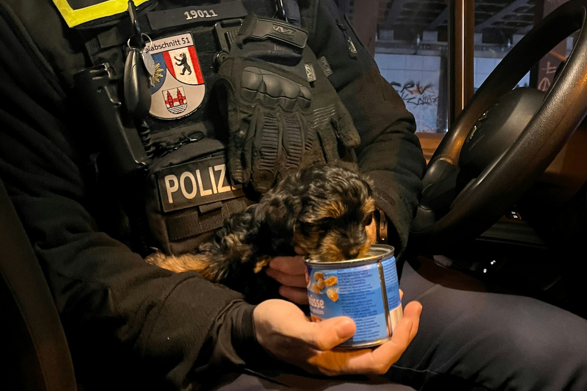 Ein Polizist mit einem der geretteten Welpen