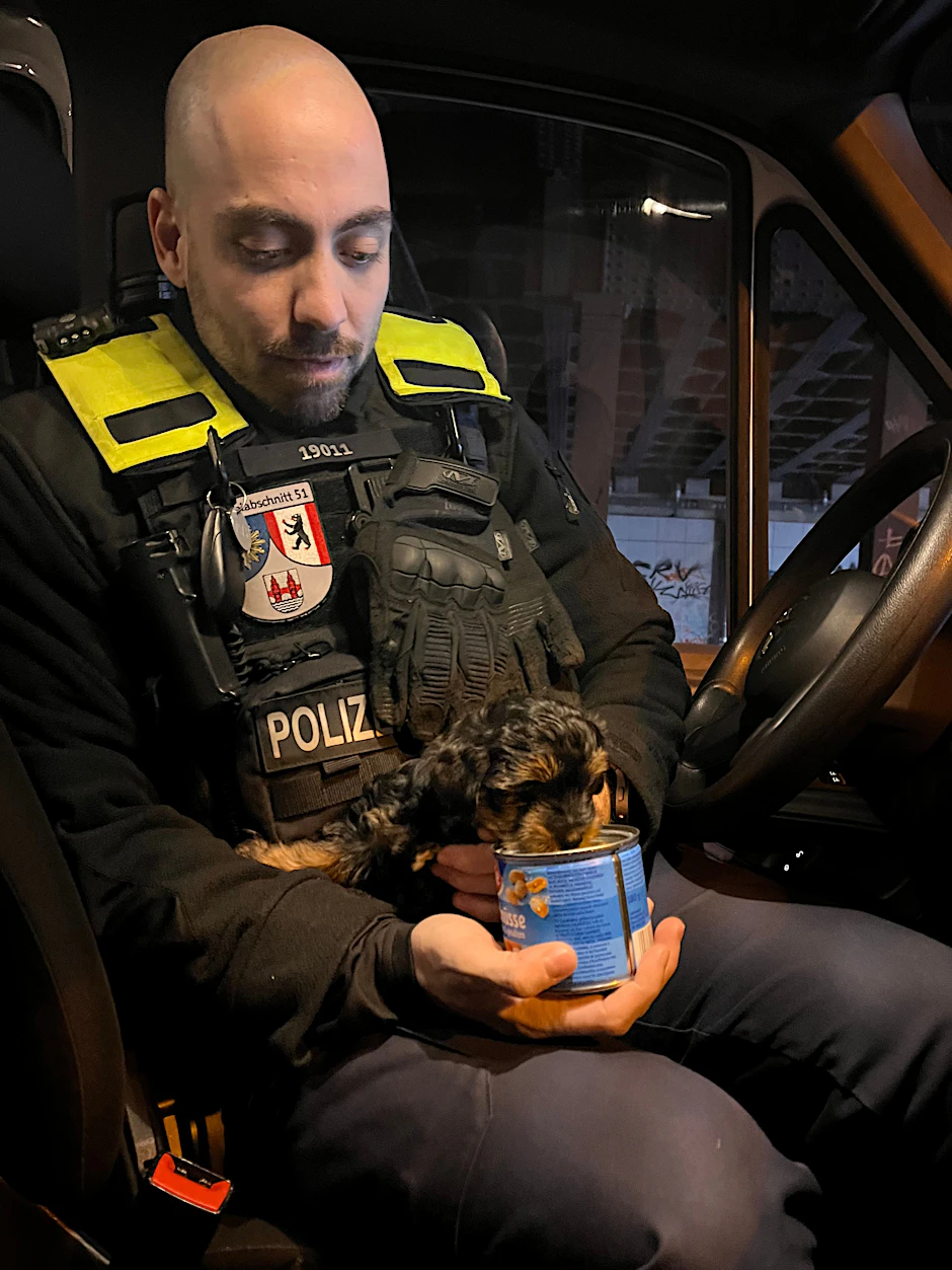 Ein Polizist mit einem der geretteten Welpen