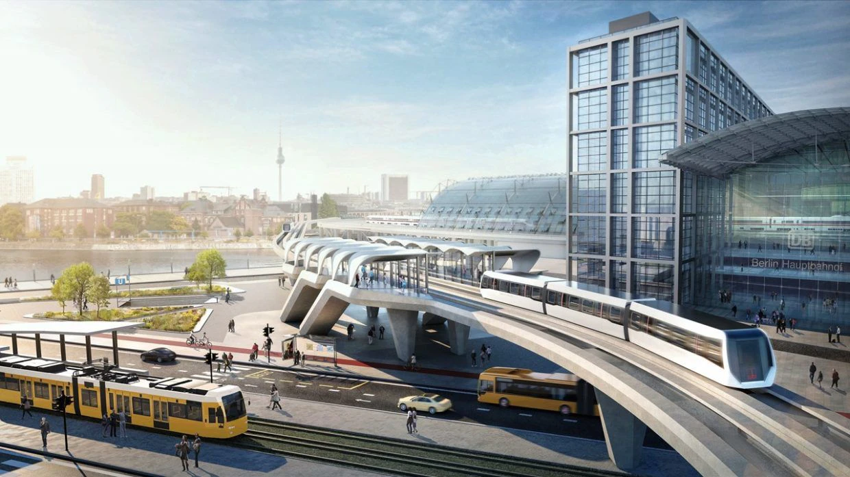 Ein Blick in die Zukunft: So könnte ein Verkehrskreuz mit Magnetschwebebahn in Berlin aussehen.