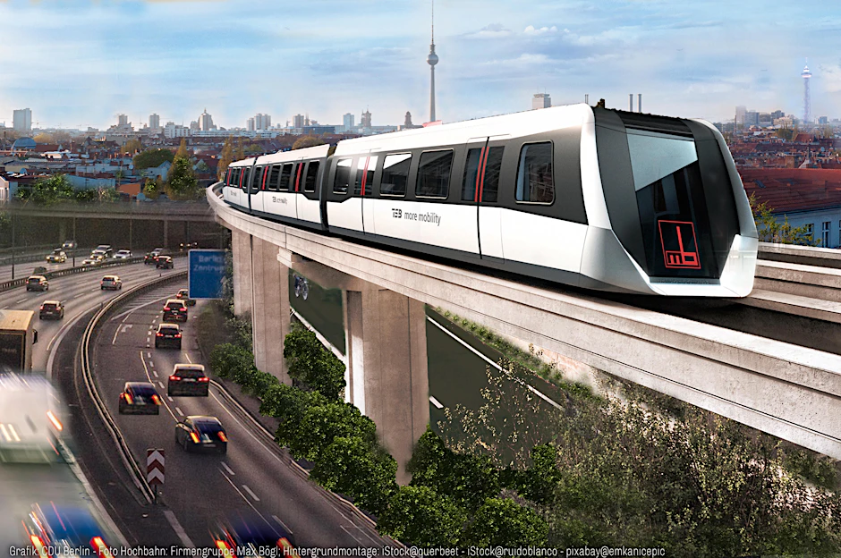 So könnte sie in Berlin aussehen, die fahrerlose automatische Magnetschwebebahn, die das Bauunternehmen Max Bögl bereits auf einer Versuchsstrecke im Süden Deutschlands testet.