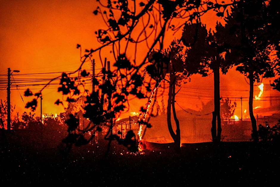 Flammen und Rauch sind zu sehen, als Häuser während eines Waldbrandes in Chile niederbrennen.