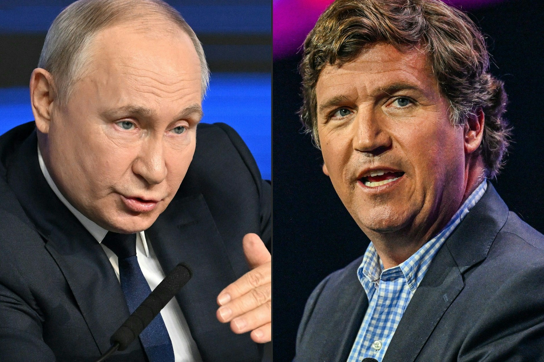 Journalist Tucker Carlson (re.) will mit dem russischen Präsidenten Wladimir Putin ein Interview führen.