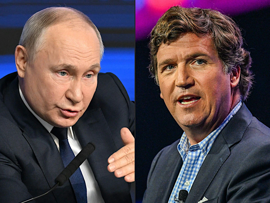 Journalist Tucker Carlson&nbsp; (re.) will mit dem russischen Präsidenten Wladimir Putin ein Interview führen.