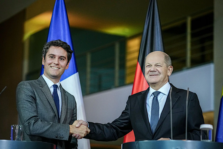 Bundeskanzler Olaf Scholz und der französische Premierminister Gabriel Attal geben im Bundeskanzleramt eine Pressekonferenz.  