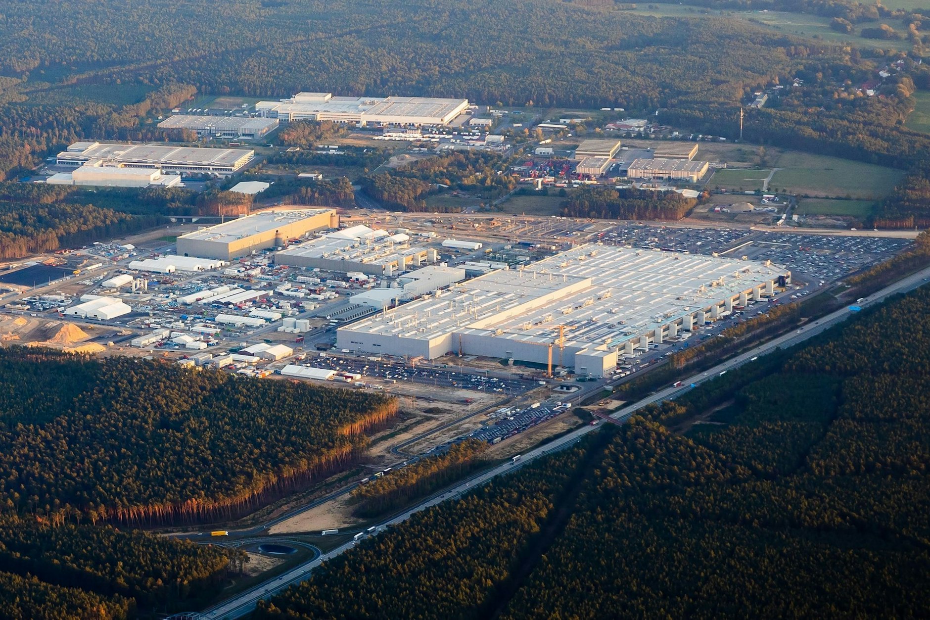 Die Tesla-Fabrik in Grünheide bei Berlin ist von Kiefernplantagen aus DDR-Zeiten umschlossen. Weil das Werk nun noch größer werden soll, sind weitere Rodungen geplant.