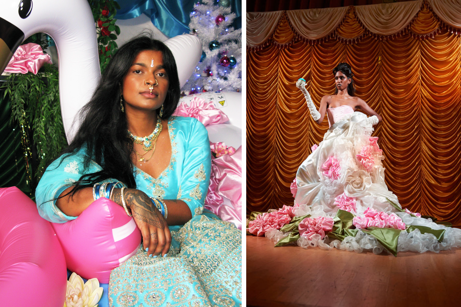 Abarna Kugathasan (links) lässt sich von tamilischen Traditionen zu überbordender Mode inspirieren.