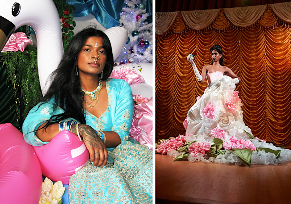 Abarna Kugathasan (links) lässt sich von tamilischen Traditionen zu überbordender Mode inspirieren.
