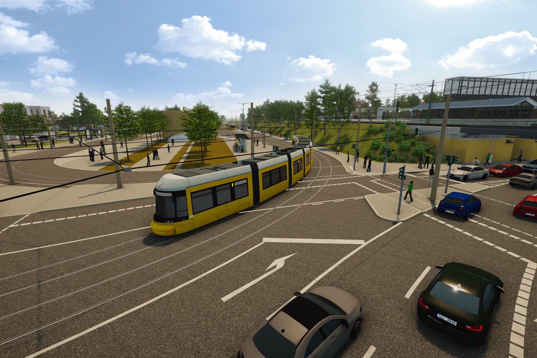 So soll die neue Abstellanlage der Straßenbahn in Schöneweide aussehen. Auf dem Bild verlässt eine Straßenbahn den umgestalteten Bereich der Gleisschleife, um in den Sterndamm einzubiegen.