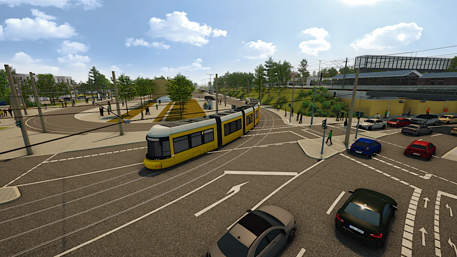 So soll die neue Abstellanlage der Straßenbahn in Schöneweide aussehen. Auf dem Bild verlässt eine Straßenbahn den umgestalteten Bereich der Gleisschleife, um in den Sterndamm einzubiegen.