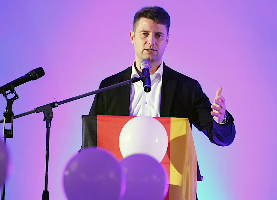 René Aust, Spitzenkandidat der Thüringer AfD zur Europawahl, beim Politischen Aschermittwoch des AfD-Landesverbandes.