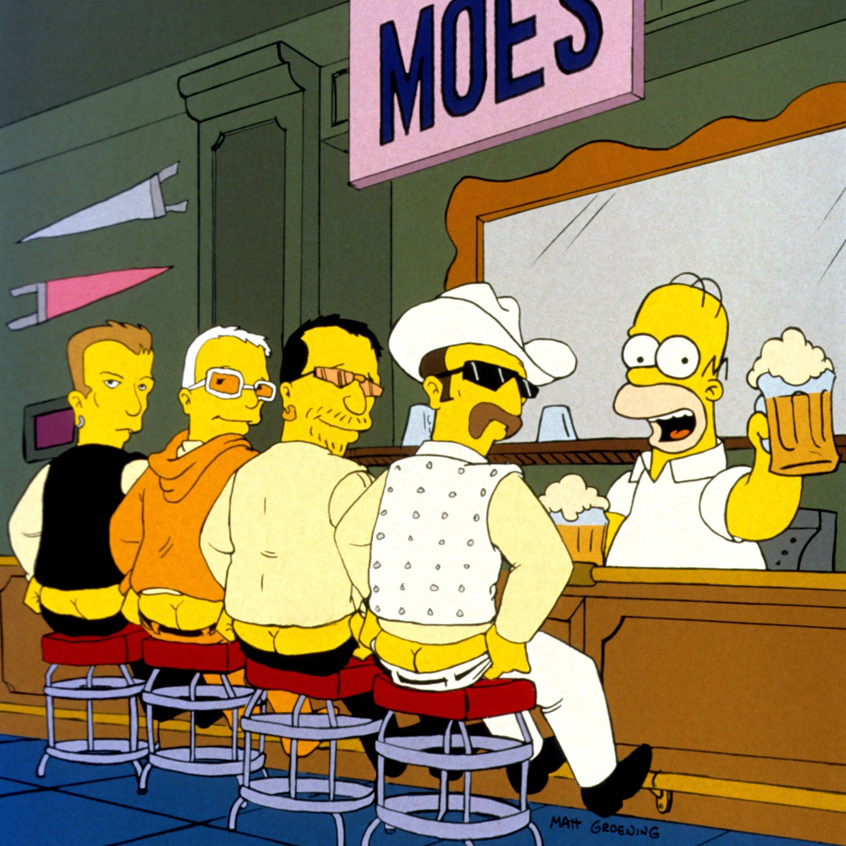 Homer gibt in&nbsp; Moe’s Bar der irischen Band U2 ein Bier aus.
