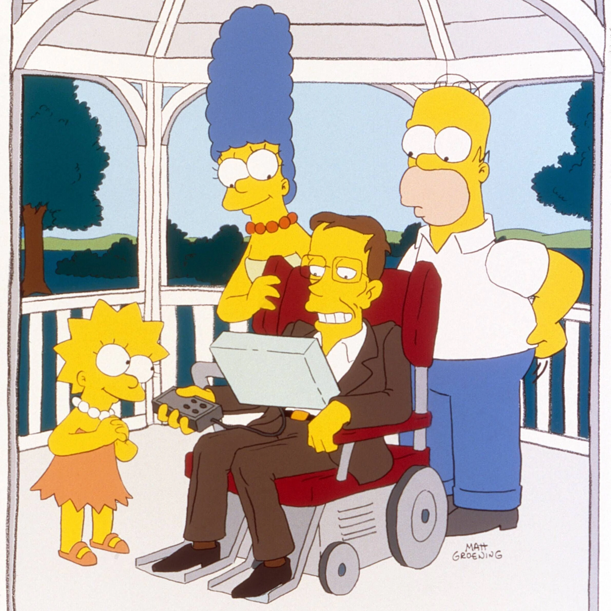 Stephen Hawking mit Homer und Marge Simpson und Tochter Lisa