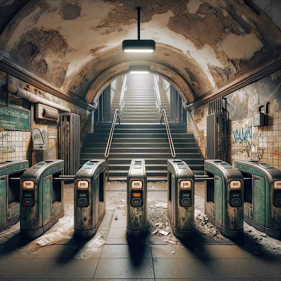 So malt sich Künstliche Intelligenz einen Berliner U-Bahnhof mit Zugangssperren aus.