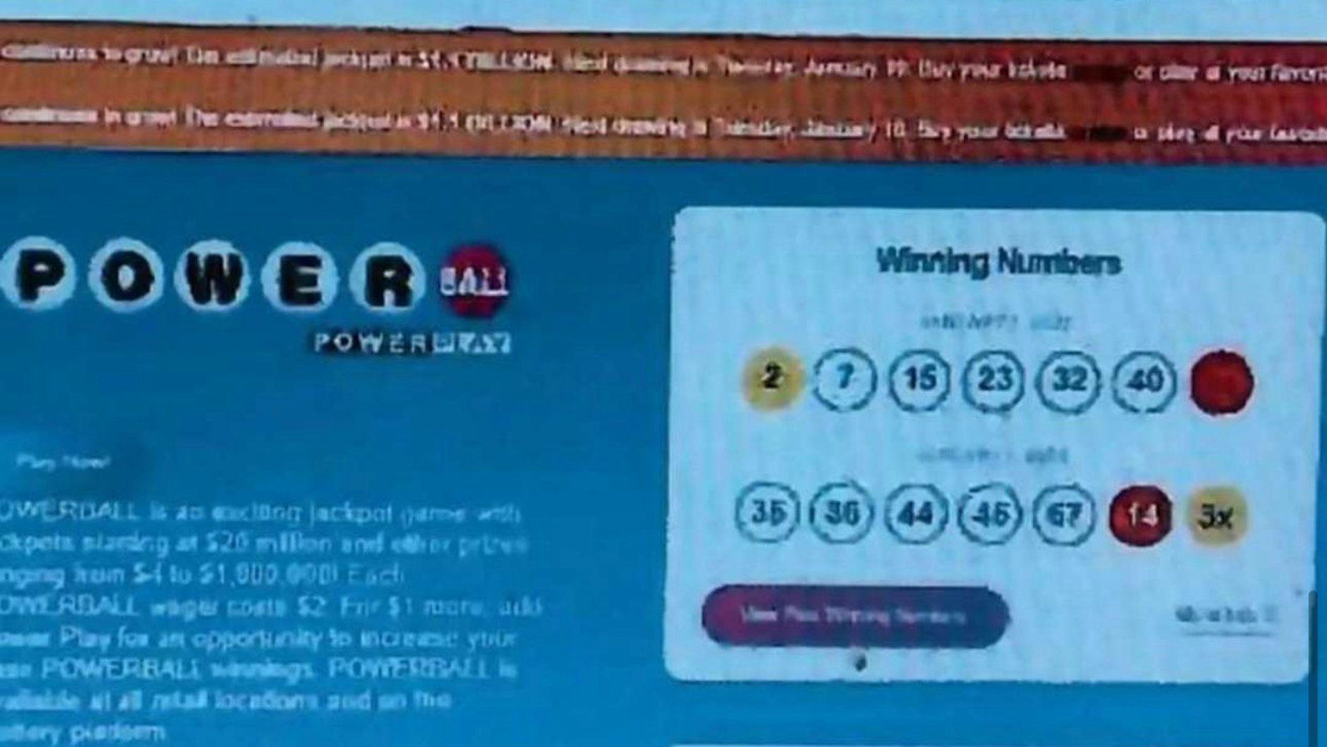 Screenshot der Internetseite von DC Lottery, die die getippten Zahlen von John Cheeks als Gewinnerzahlen anzeigte.