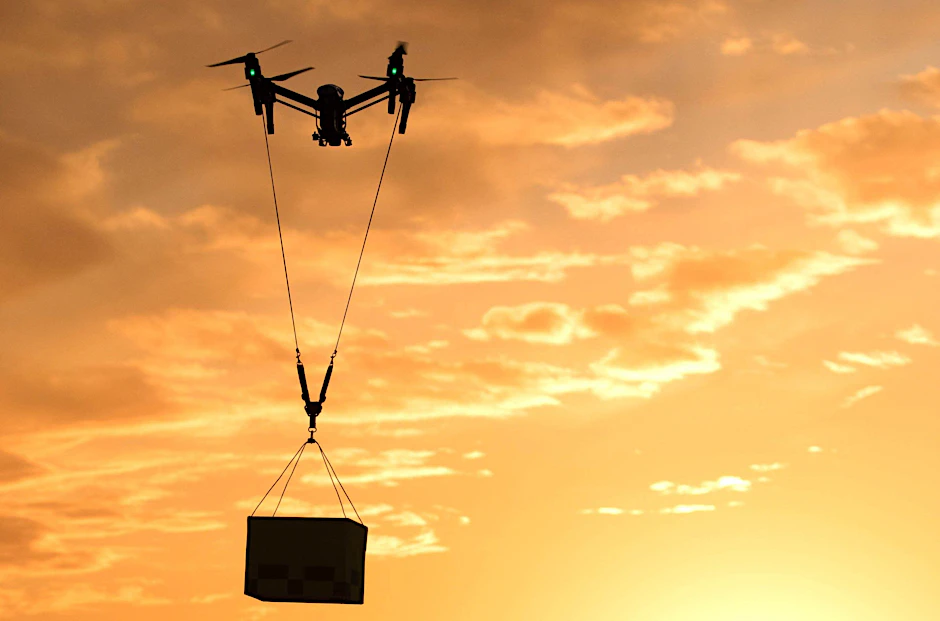 Eine Drohne mit einem Paket fliegt in einen Sonnenuntergang.&nbsp;