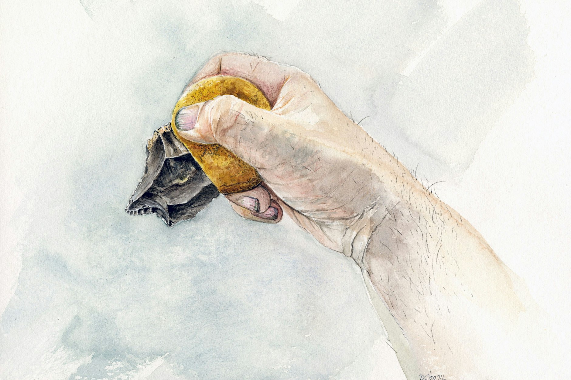 Die Rekonstruktion zeigt, wie das Steinartefakt mit dem Griff aus dem Bitumen-Ocker-Gemisch von einem Neandertaler gehalten werden konnte.