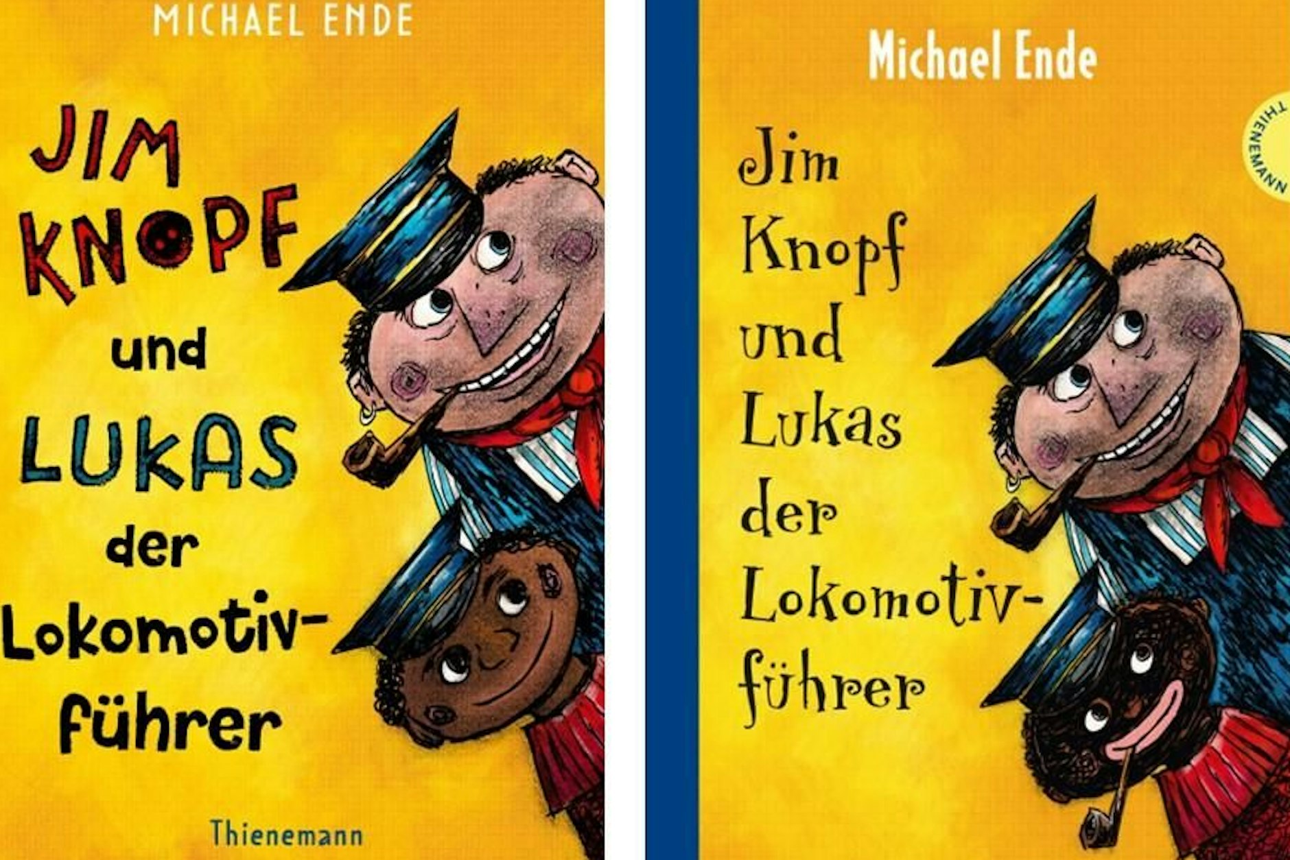 Die Buchcover-Versionen des Buches „Jim Knopf und Lukas der Lokomotivführer“ in der Gegenüberstellung. Links die neue Version.