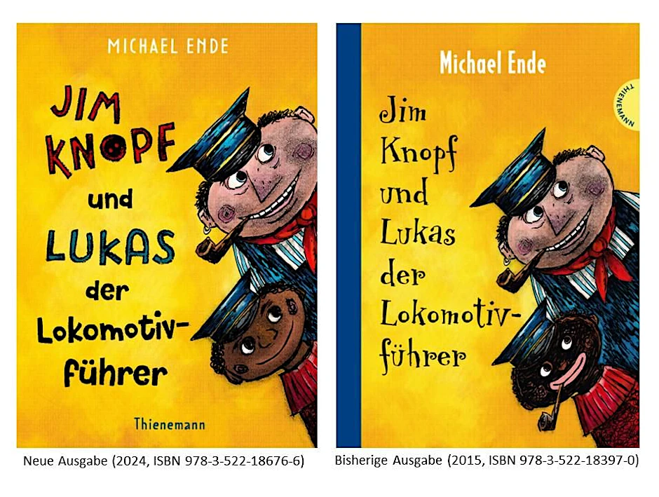 Die Buchcover-Versionen des Buches „Jim Knopf und Lukas der Lokomotivführer“ in der Gegenüberstellung. Links die neue Version.
