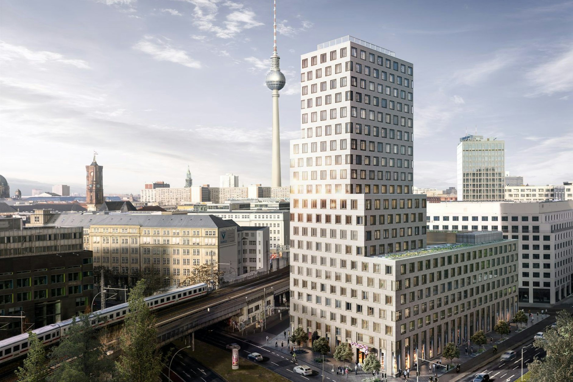 Ist genehmigt, soll aber nicht realisiert werden: der 68 Meter hohe Hotelturm an der Jannowitzbrücke. Ein neuer Investor will dort nun bis zu 115 Meter hoch bauen.