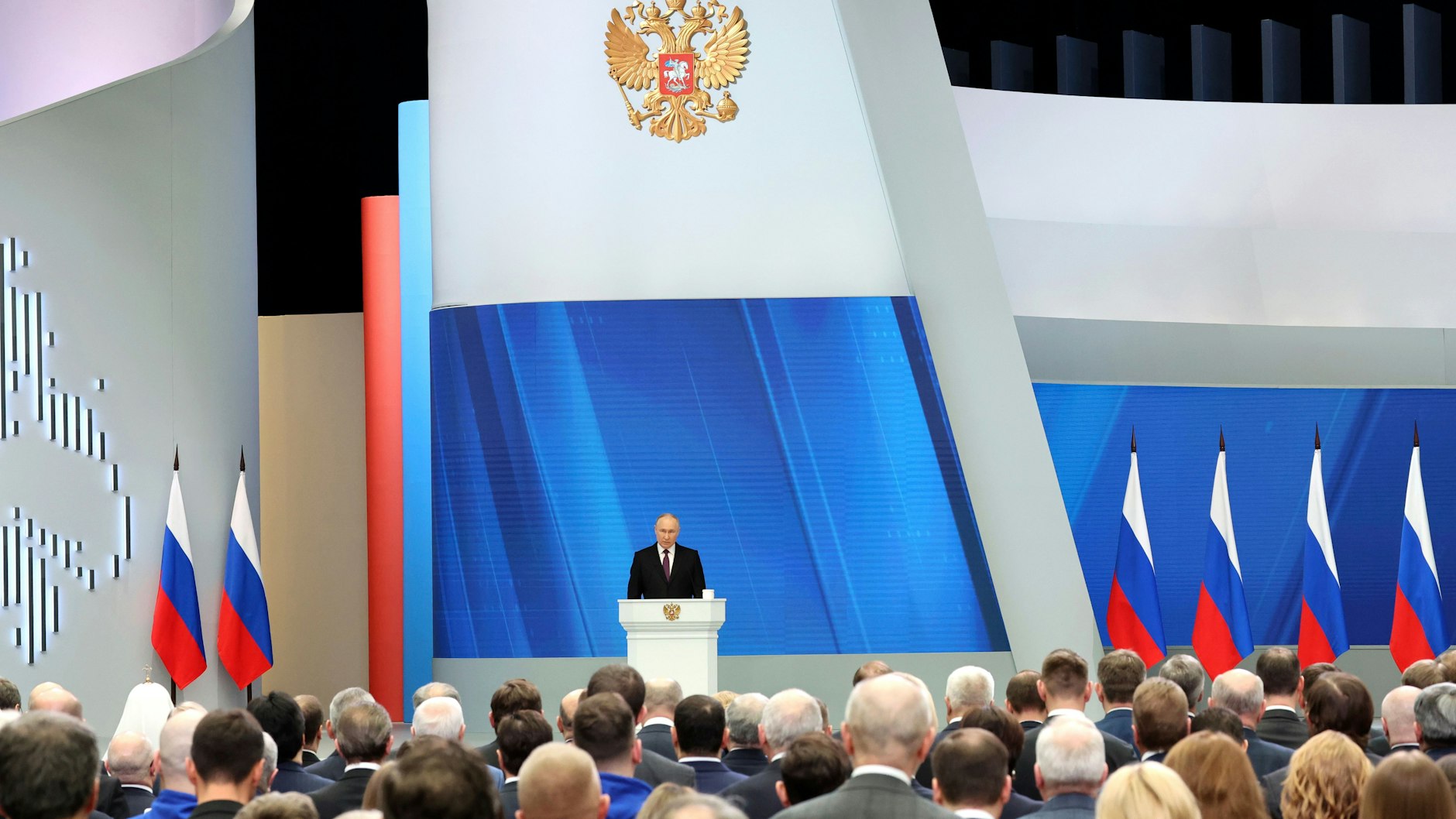 Dieses von der staatlichen russischen Nachrichtenagentur Sputnik veröffentlichte Foto zeigt Wladimir Putin bei seiner Rede zur Lage der Nation.