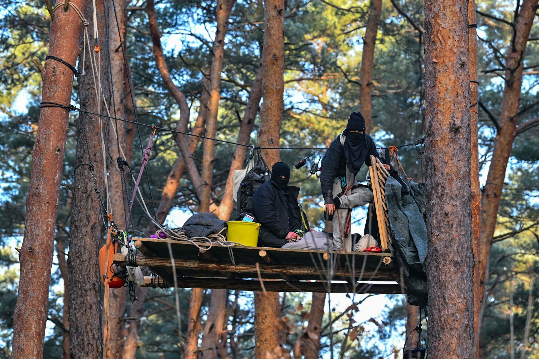 Zwei Aktivisten der Initiative „Tesla stoppen“ auf einem Baumhaus in einem Kiefernwald nahe dem Werk der Tesla-Gigafactory.