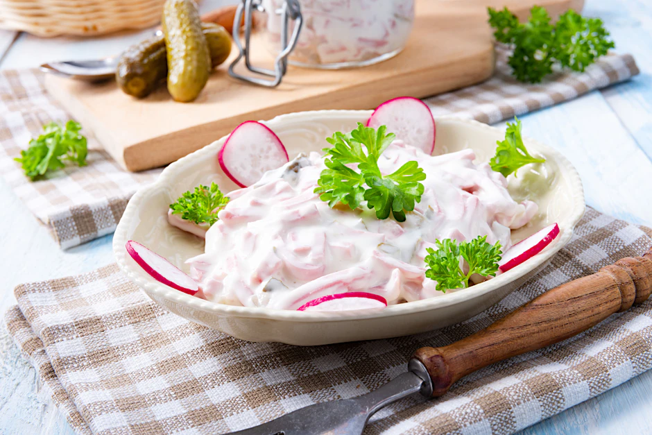 Leckerer Fleischsalat nach diesem Rezept passt als herrliche Beilage zum Abendbrot, aber ist auch eine gute Grundlage für die Soße für Kartoffelsalat.