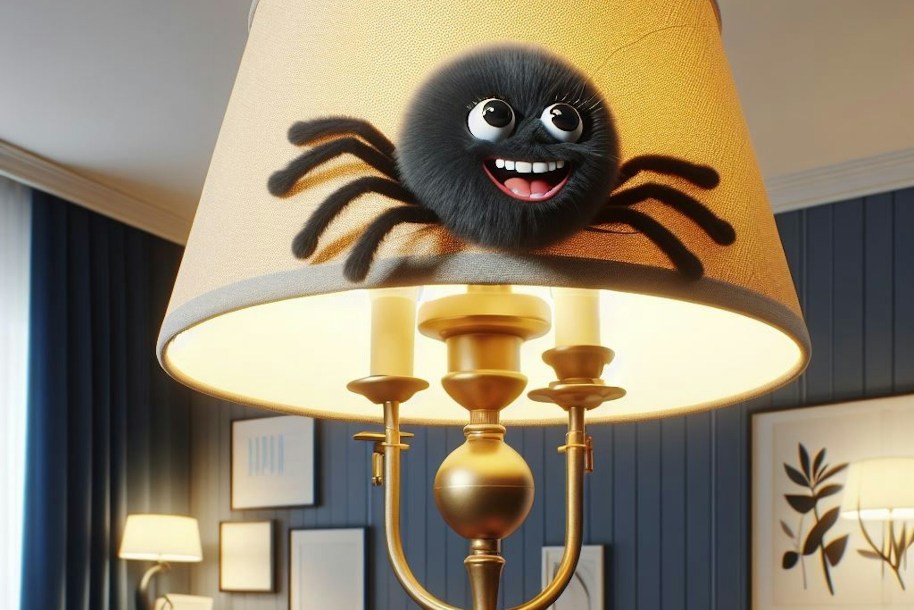 Nette Spinne auf Lampenschirm eines Apartments: Zumindest Künstliche Intelligenz kann mit dem Traum des KURIER-Autors etwas anfangen.