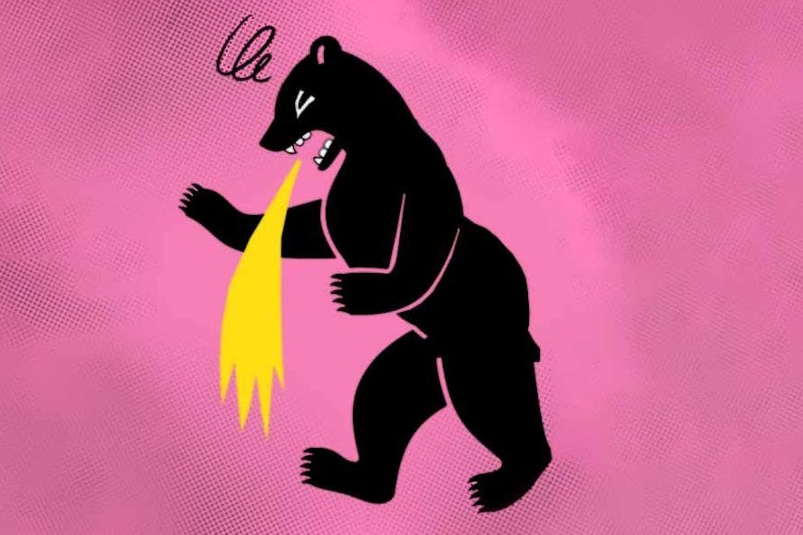 Zeichner Jakob Hinrichs lässt dem Berliner Bären im Buch „Berlin-Beschimpfung“ vor Abscheu ganz übel werden.