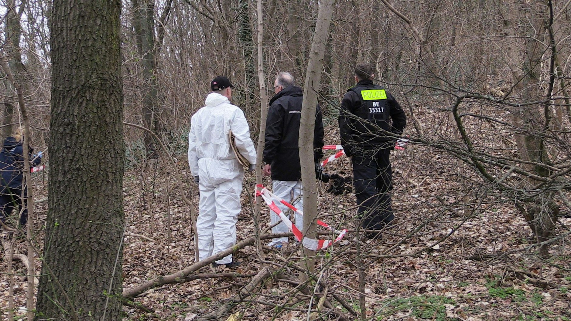 Kriminaltechniker stehen am 27. Februar 2024 im Gestrüpp an einer Fundstelle. Im Berliner Volkspark Prenzlauer Berg war an diesem Tag der abgetrennte Oberschenkel eines Menschen entdeckt worden.&nbsp;