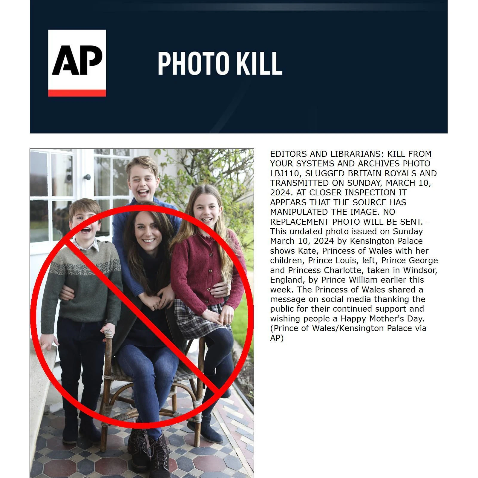 So zog die Nachrichtenagentur AP das Foto von Kate und ihren Kindern zurück. Auch Reuters strich es.