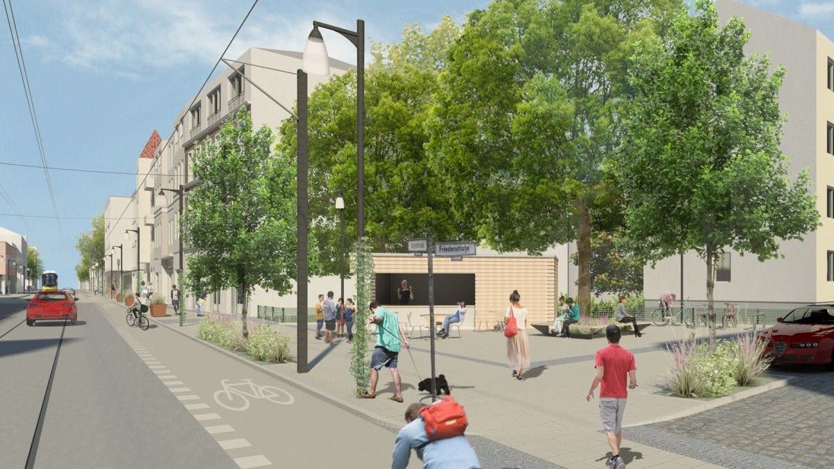 Die Visualisierung zeigt die Dörpfeldstraße Ecke Friedenstraße nach dem Umbau, der 2024 starten soll.