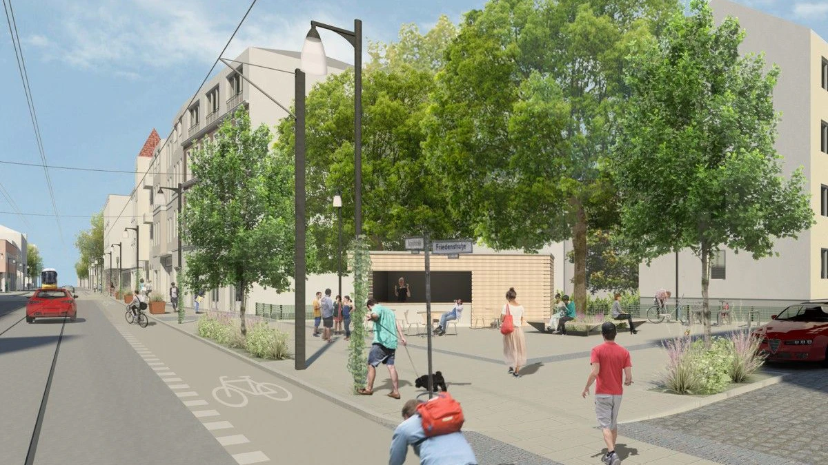 Die Visualisierung zeigt die Dörpfeldstraße Ecke Friedenstraße nach dem Umbau, der 2024 starten soll.