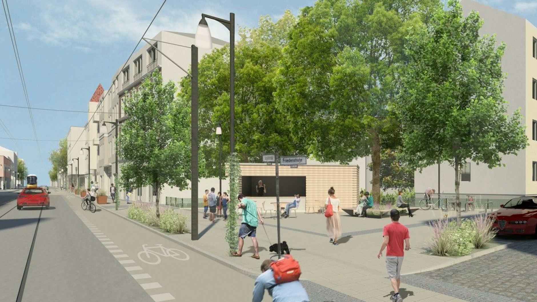 Die Visualisierung zeigt die Dörpfeldstraße Ecke Friedenstraße nach dem Umbau, der 2024 starten soll.