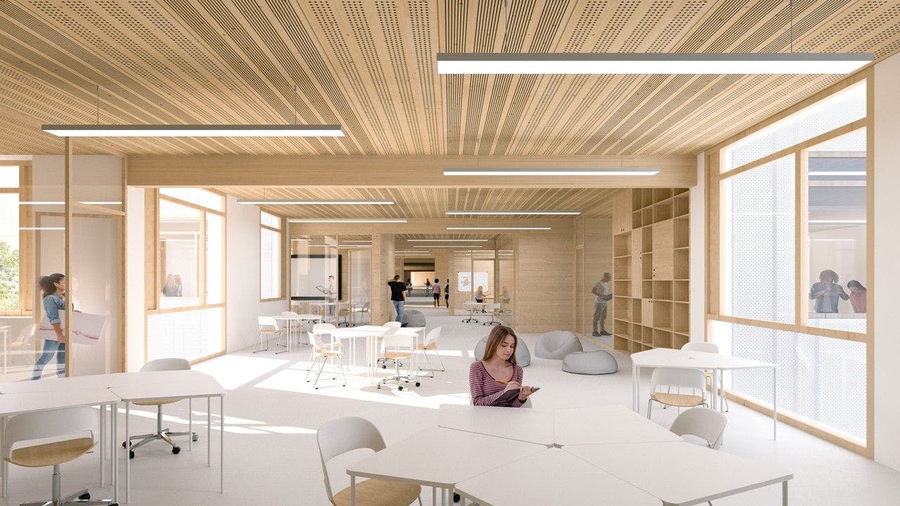 Mittelpunkt des Schul-Neubaus in Lichtenberg an der Allee der Kosmonauten sind Räumlichkeiten, die von Schülerinnen und Schülern zweier Schulen genutzt werden können.