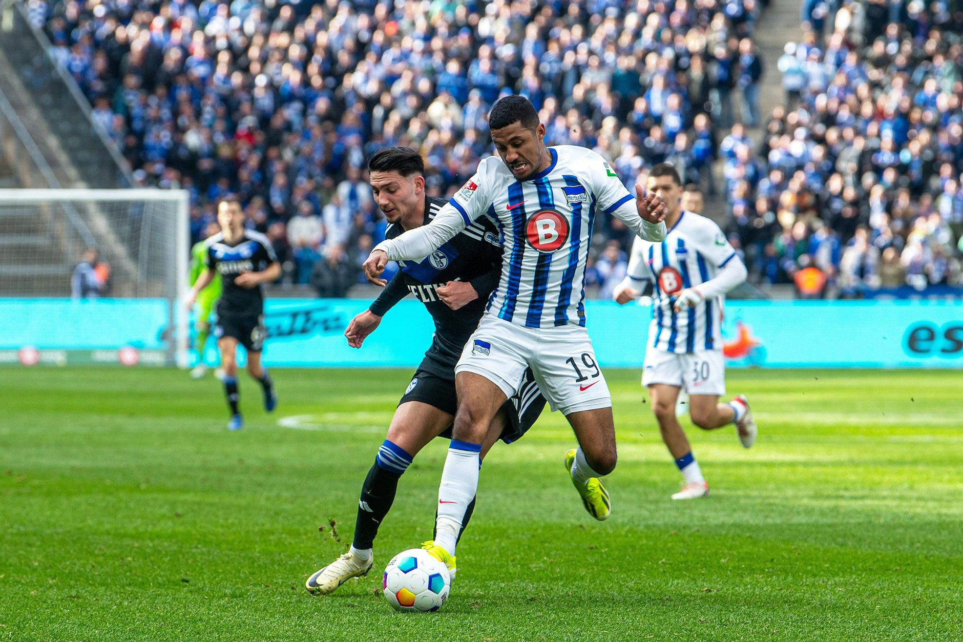 Herthas Mittelfeldspieler Jeremy Dudziak nimm Schalkes Yusuf Kabadayi im Laufduell den Ball ab.