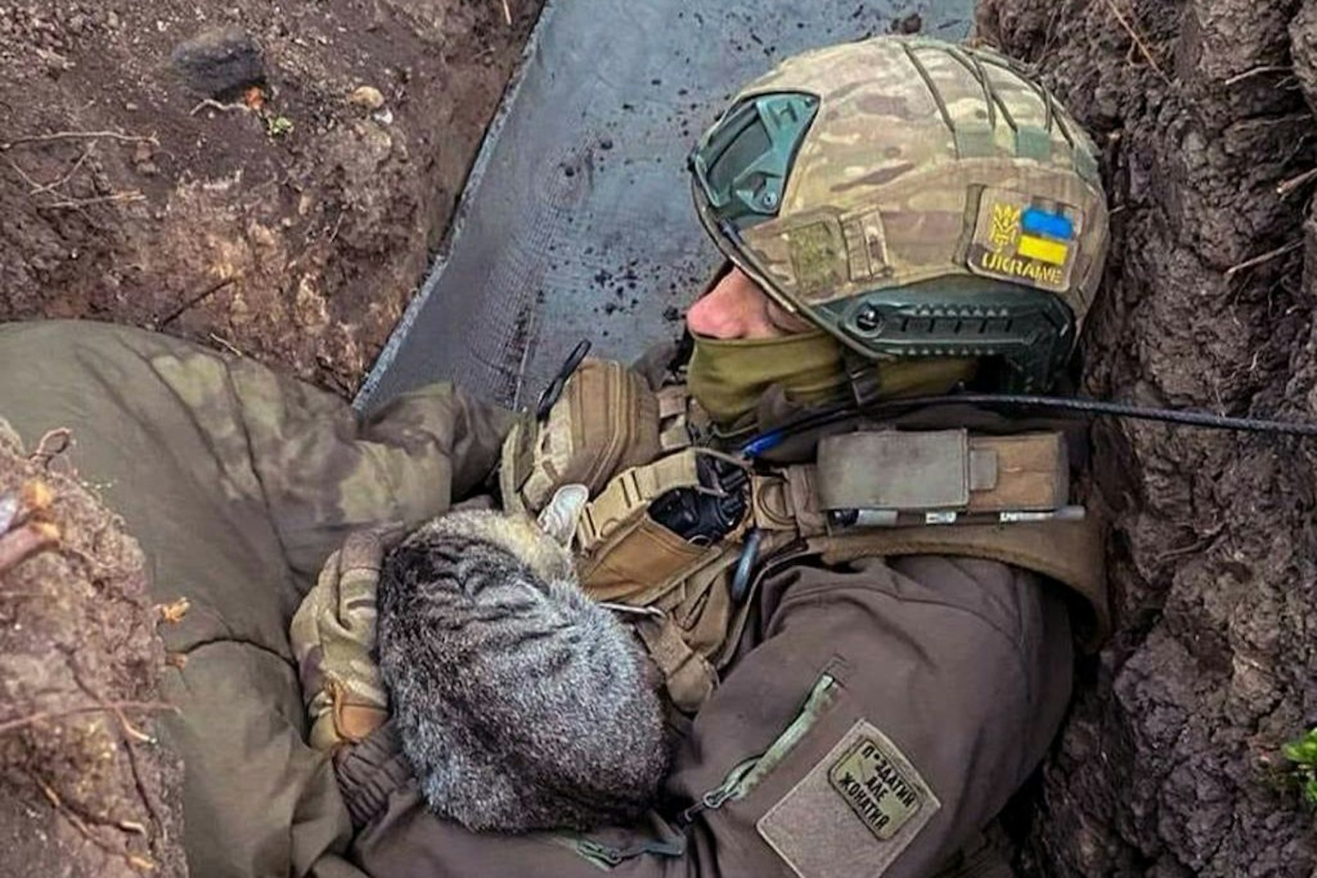 Starre Fronten wie im Ersten Weltkrieg: Ukrainischer Soldat hält im Schützengraben eine Katze. Tiere sind zu Trostspendern geworden.