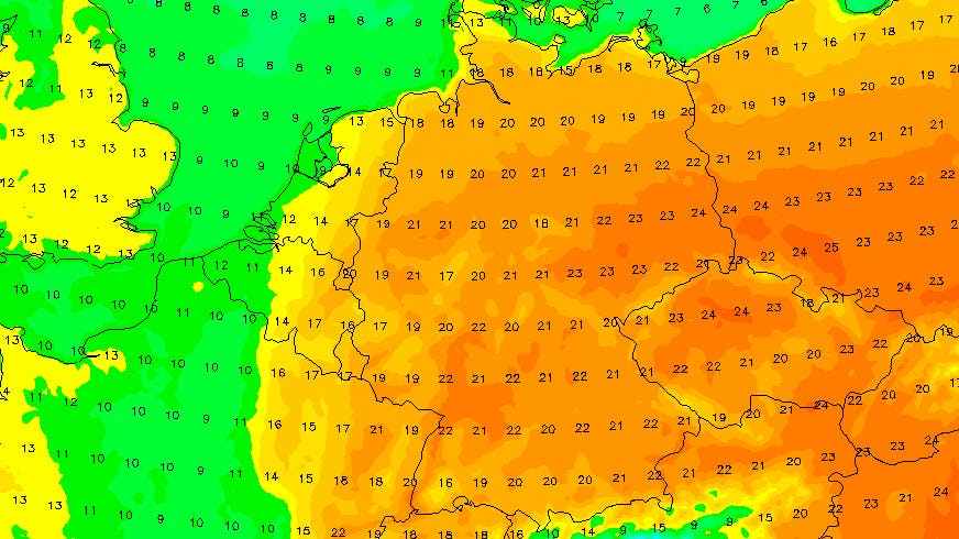 Es wird warm! Die Karte zeigt die Höchstwerte am Karsamstag nach dem deutschen Wettermodell ICON.